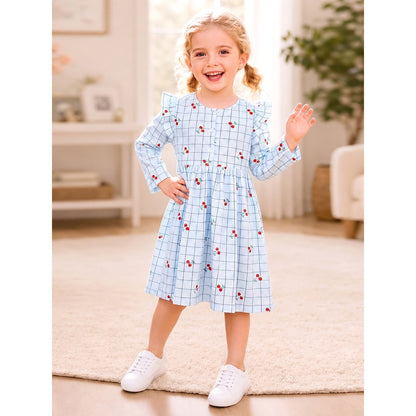 Baby Kids Girls Fruits Pattern Long Sleeves Crew Neck Dress