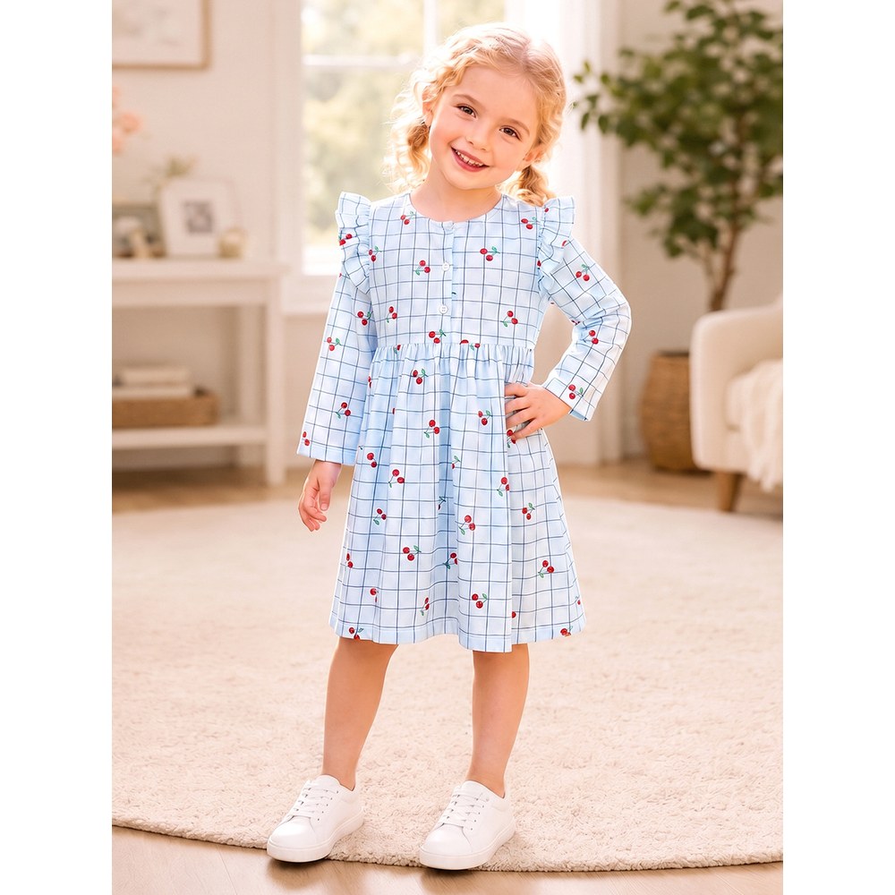 Baby Kids Girls Fruits Pattern Long Sleeves Crew Neck Dress