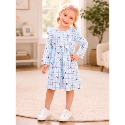 Baby Kids Girls Fruits Pattern Long Sleeves Crew Neck Dress