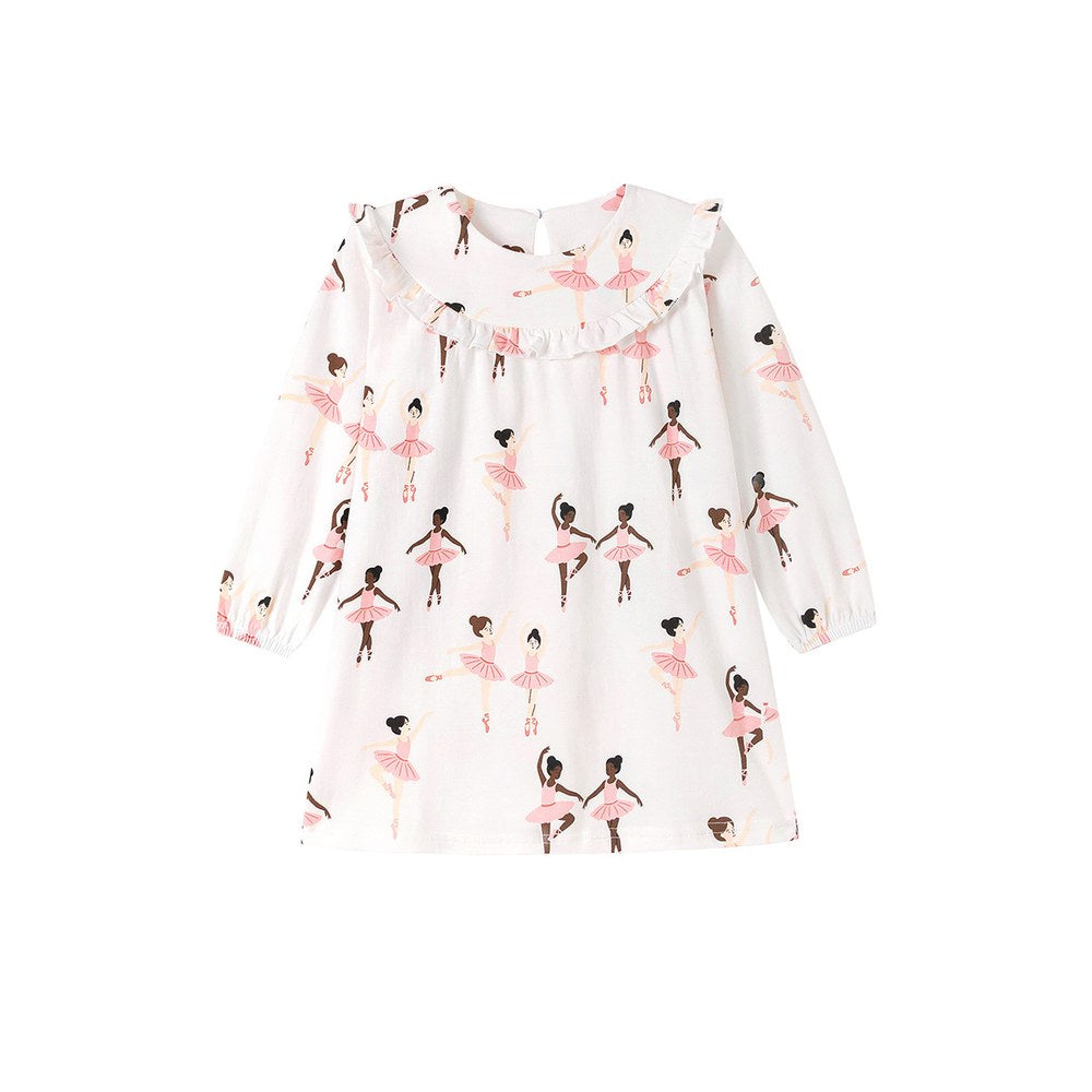 Baby Kids Girls Princess Cartoon Pattern Long Sleeves Crew Neck Dress