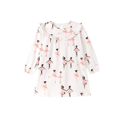 Baby Kids Girls Princess Cartoon Pattern Long Sleeves Crew Neck Dress