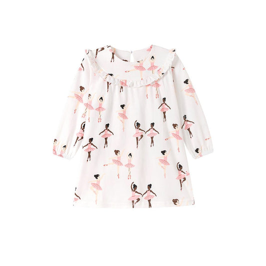Baby Kids Girls Princess Cartoon Pattern Long Sleeves Crew Neck Dress