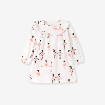 Baby Kids Girls Princess Cartoon Pattern Long Sleeves Crew Neck Dress