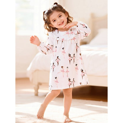 Baby Kids Girls Princess Cartoon Pattern Long Sleeves Crew Neck Dress