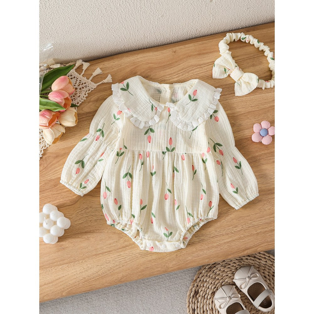 Baby Girls Flowers Pattern Long Sleeves Bodysuit