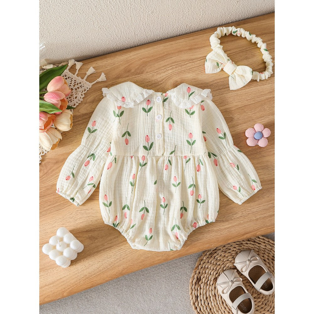 Baby Girls Flowers Pattern Long Sleeves Bodysuit