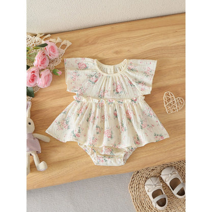 Baby Girls Flowers Pattern Short Sleeves Bodysuit