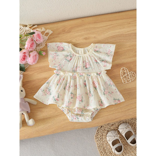 Baby Girls Flowers Pattern Short Sleeves Bodysuit