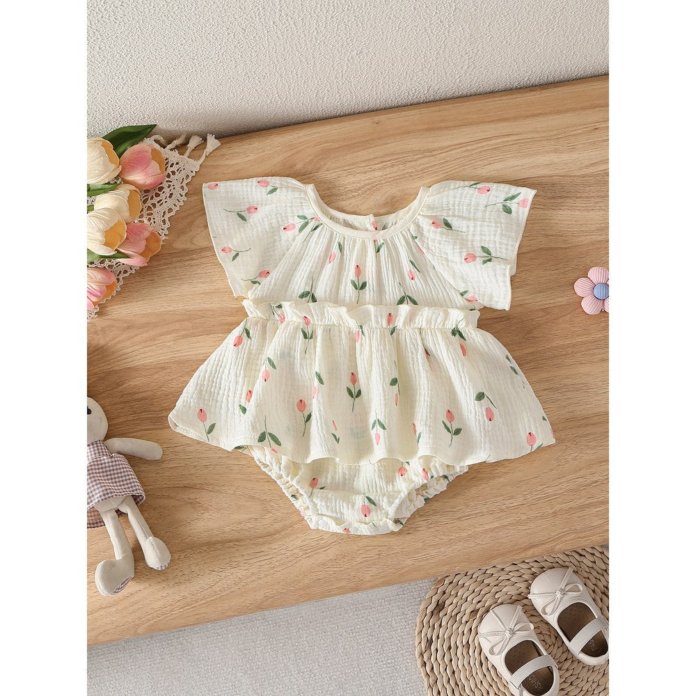 Baby Girls Flowers Pattern Short Sleeves Bodysuit