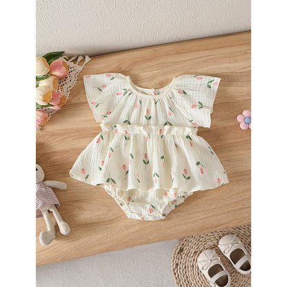 Baby Girls Flowers Pattern Short Sleeves Bodysuit