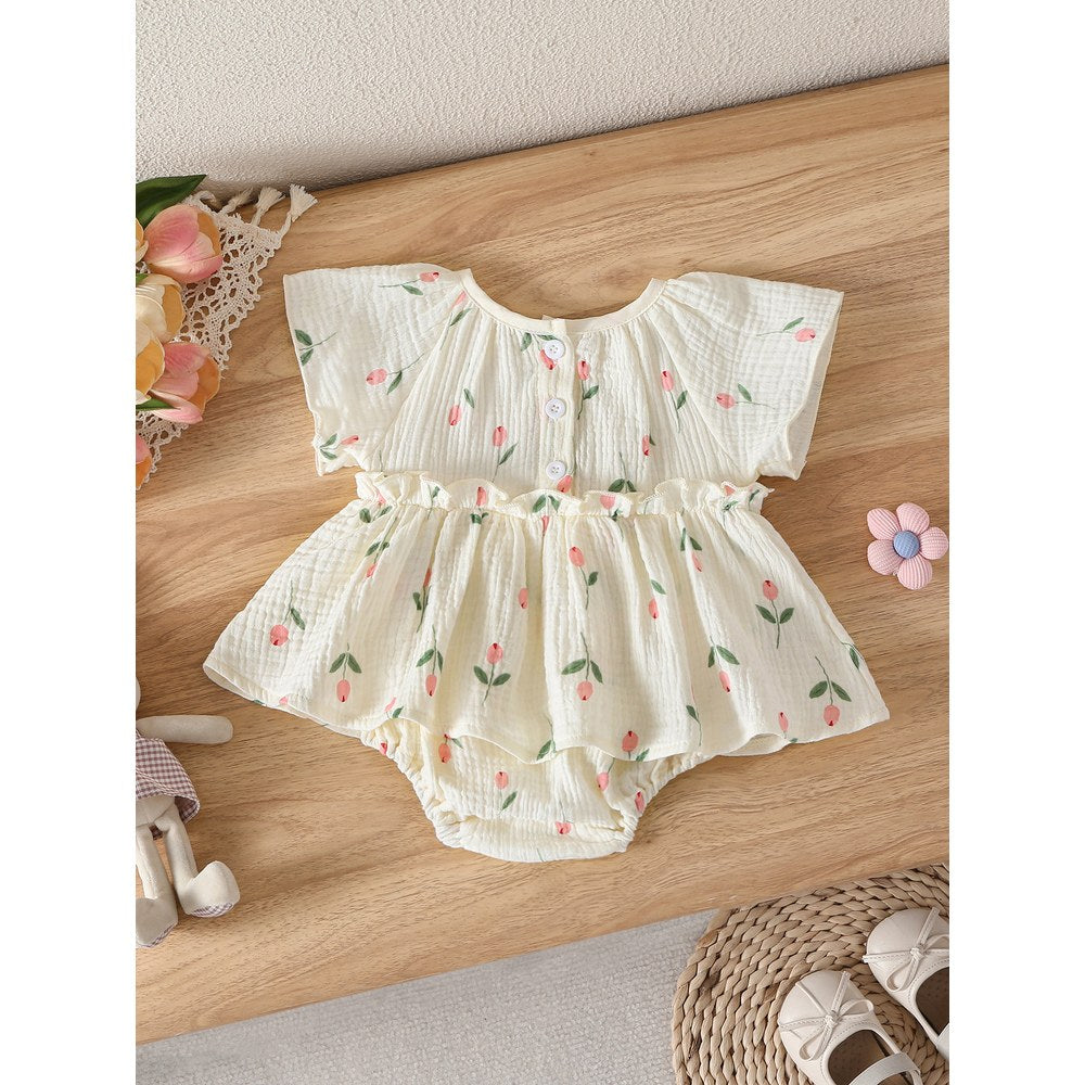 Baby Girls Flowers Pattern Short Sleeves Bodysuit