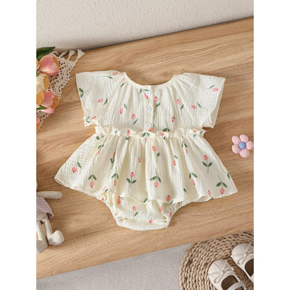 Baby Girls Flowers Pattern Short Sleeves Bodysuit