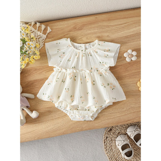Baby Girls Flowers Pattern Short Sleeves Bodysuit