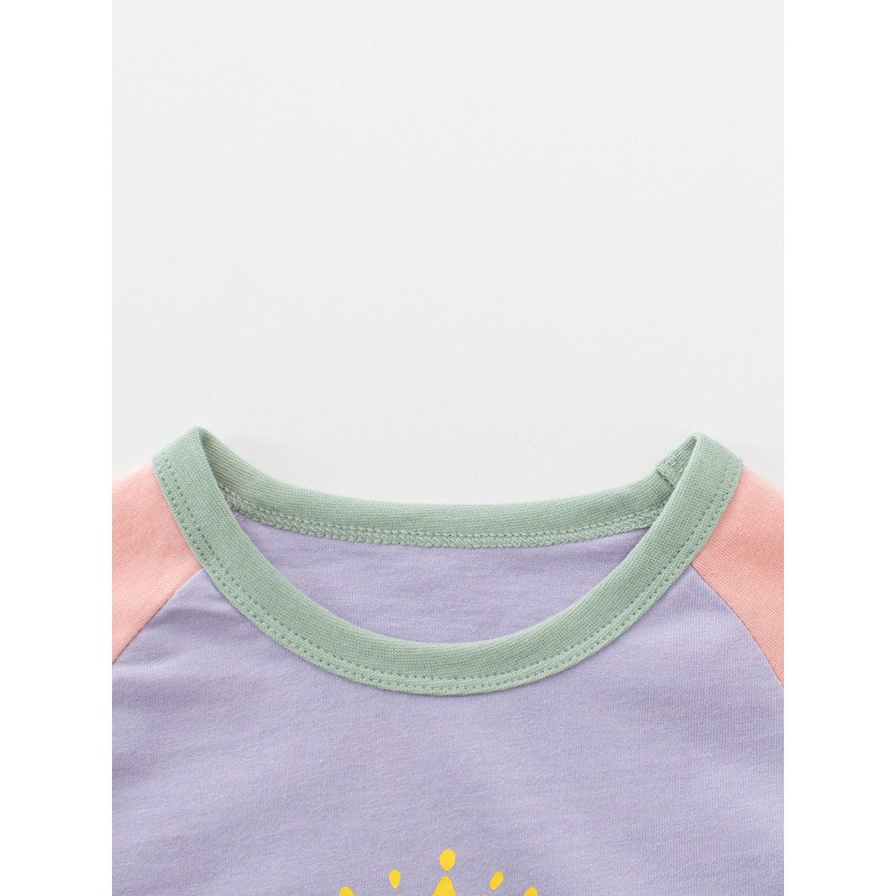Kids Girls Letters Print Crew Neck Color Patchwork Long Sleeves Top