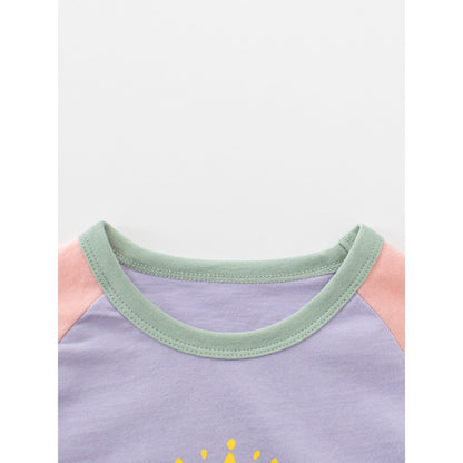 Kids Girls Letters Print Crew Neck Color Patchwork Long Sleeves Top