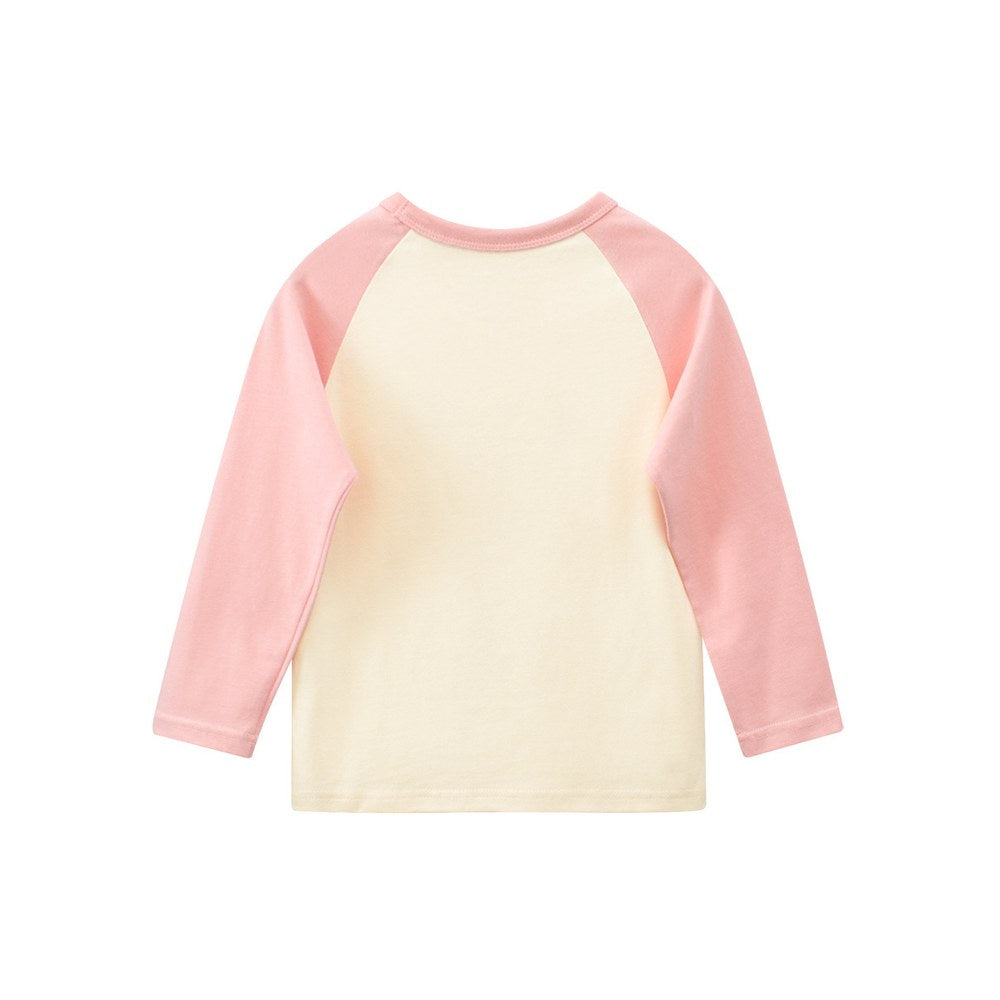 Kids Girls Cartoon Print Crew Neck Color Patchwork Long Sleeves Top