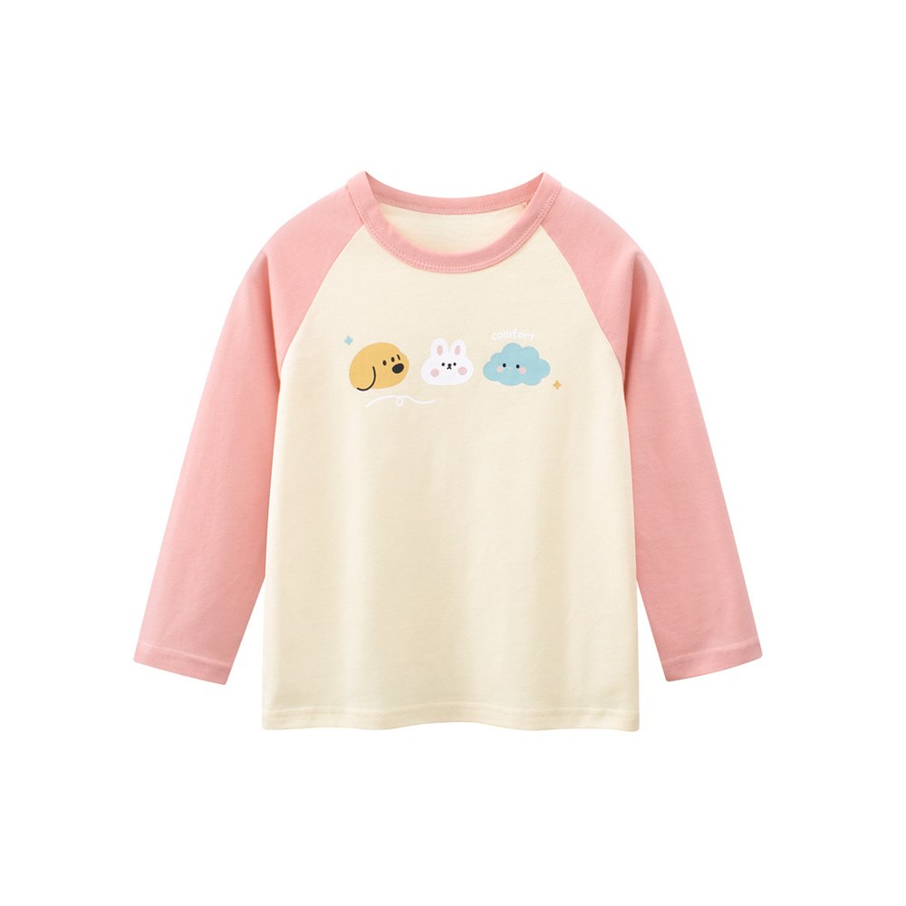 Kids Girls Cartoon Print Crew Neck Color Patchwork Long Sleeves Top