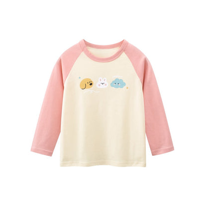 Kids Girls Cartoon Print Crew Neck Color Patchwork Long Sleeves Top