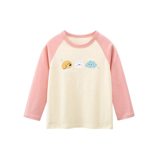 Kids Girls Cartoon Print Crew Neck Color Patchwork Long Sleeves Top