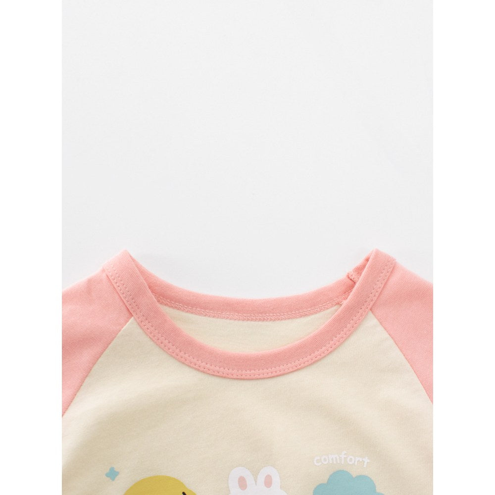 Kids Girls Cartoon Print Crew Neck Color Patchwork Long Sleeves Top