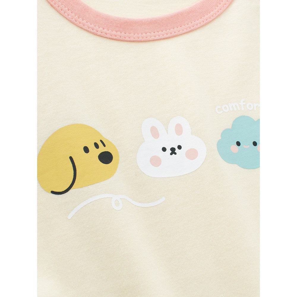 Kids Girls Cartoon Print Crew Neck Color Patchwork Long Sleeves Top