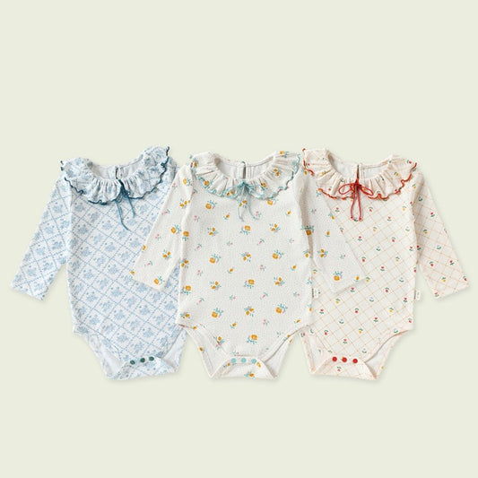 Baby Kids Girls Princess Long Sleeves Flowers and Argyle Pattern Bodysuit
