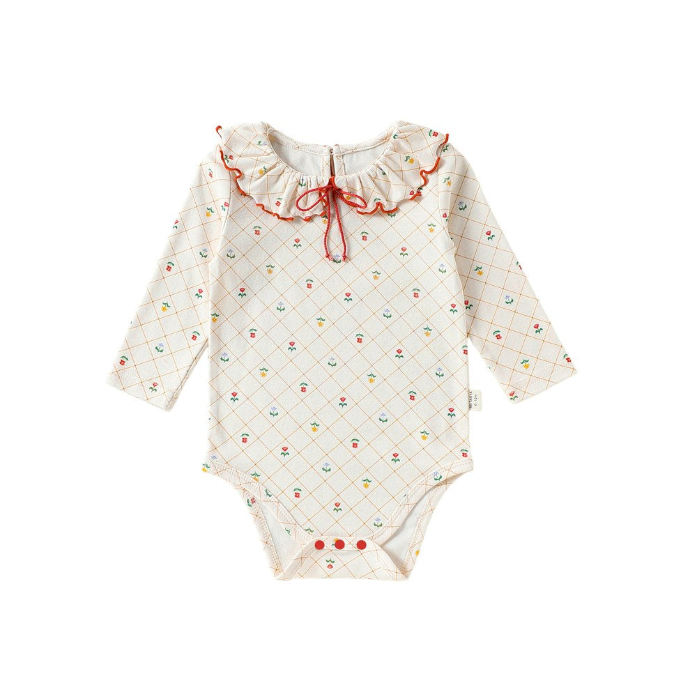 Baby Kids Girls Princess Long Sleeves Flowers and Argyle Pattern Bodysuit