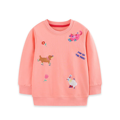 Kids Girls Animals Cartoon Pattern Crew Neck Long Sleeves Pullover