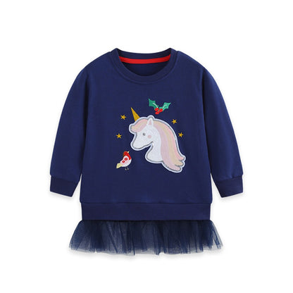 Kids Girls Animals Cartoon Pattern Crew Neck Long Sleeves Pullover