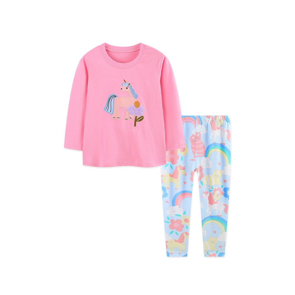 Baby Kids Girls Cartoon Pattern Long Sleeves Top and Rainbow Pants 2-piece Clothing Set