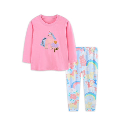 Baby Kids Girls Cartoon Pattern Long Sleeves Top and Rainbow Pants 2-piece Clothing Set