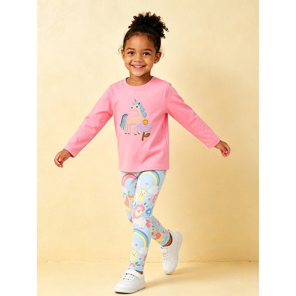 Baby Kids Girls Cartoon Pattern Long Sleeves Top and Rainbow Pants 2-piece Clothing Set
