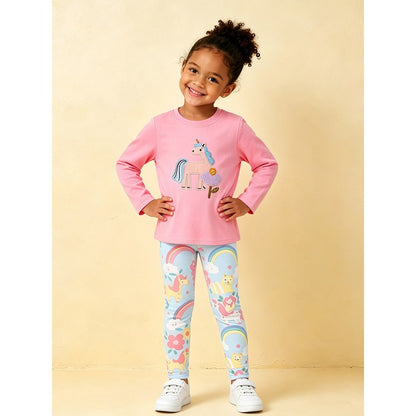 Baby Kids Girls Cartoon Pattern Long Sleeves Top and Rainbow Pants 2-piece Clothing Set