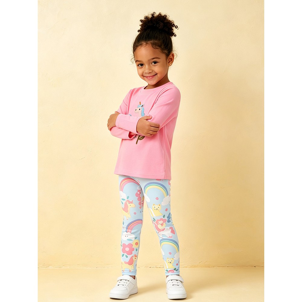 Baby Kids Girls Cartoon Pattern Long Sleeves Top and Rainbow Pants 2-piece Clothing Set