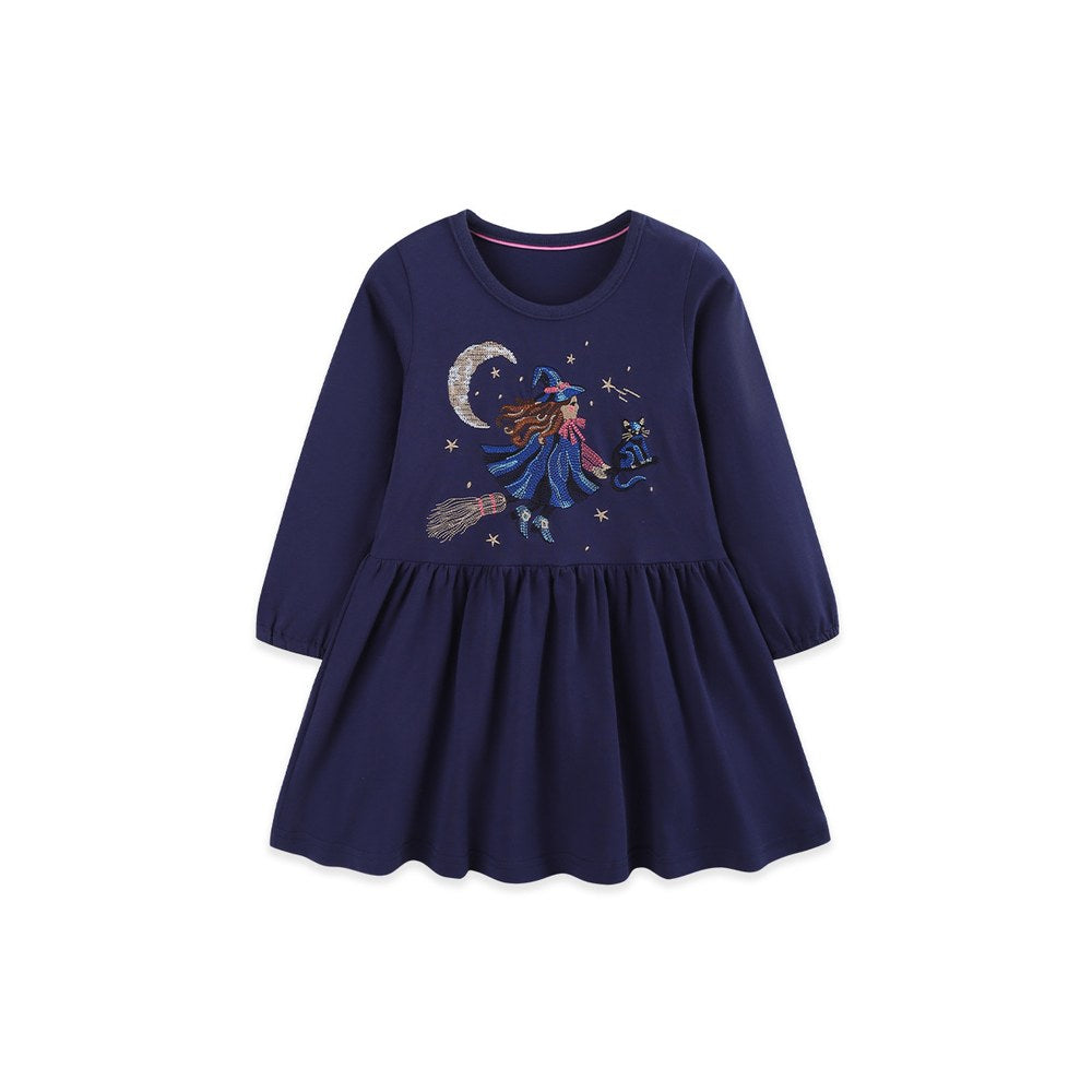 Baby Kids Girls Long Sleeves Halloween Cartoon Embroidered Dress
