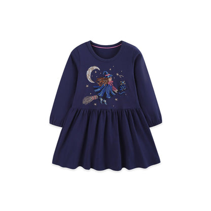 Baby Kids Girls Long Sleeves Halloween Cartoon Embroidered Dress