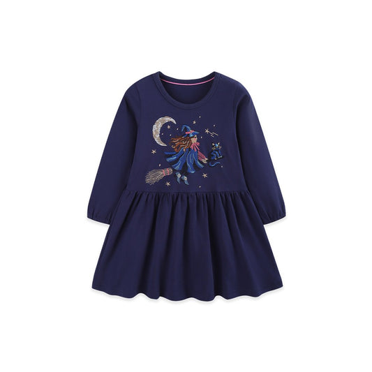 Baby Kids Girls Long Sleeves Halloween Cartoon Embroidered Dress