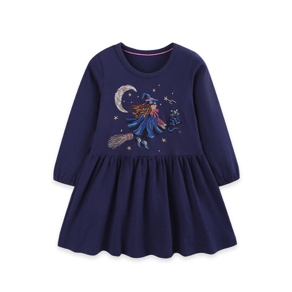 Baby Kids Girls Long Sleeves Halloween Cartoon Embroidered Dress