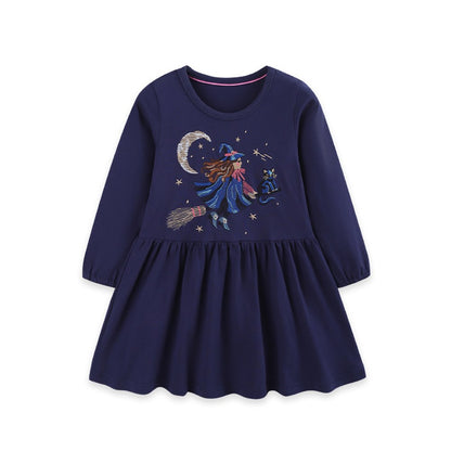 Baby Kids Girls Long Sleeves Halloween Cartoon Embroidered Dress