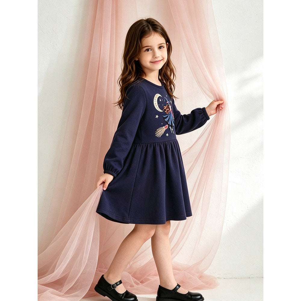 Baby Kids Girls Long Sleeves Halloween Cartoon Embroidered Dress