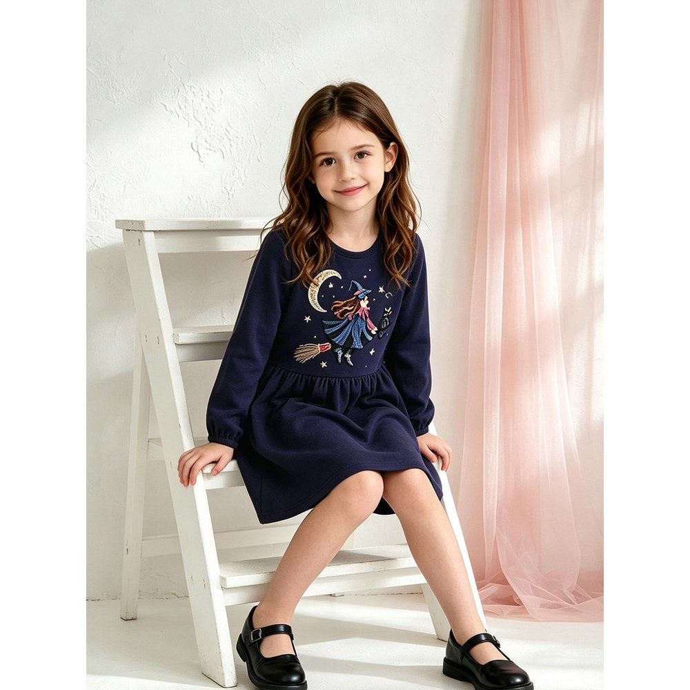 Baby Kids Girls Long Sleeves Halloween Cartoon Embroidered Dress