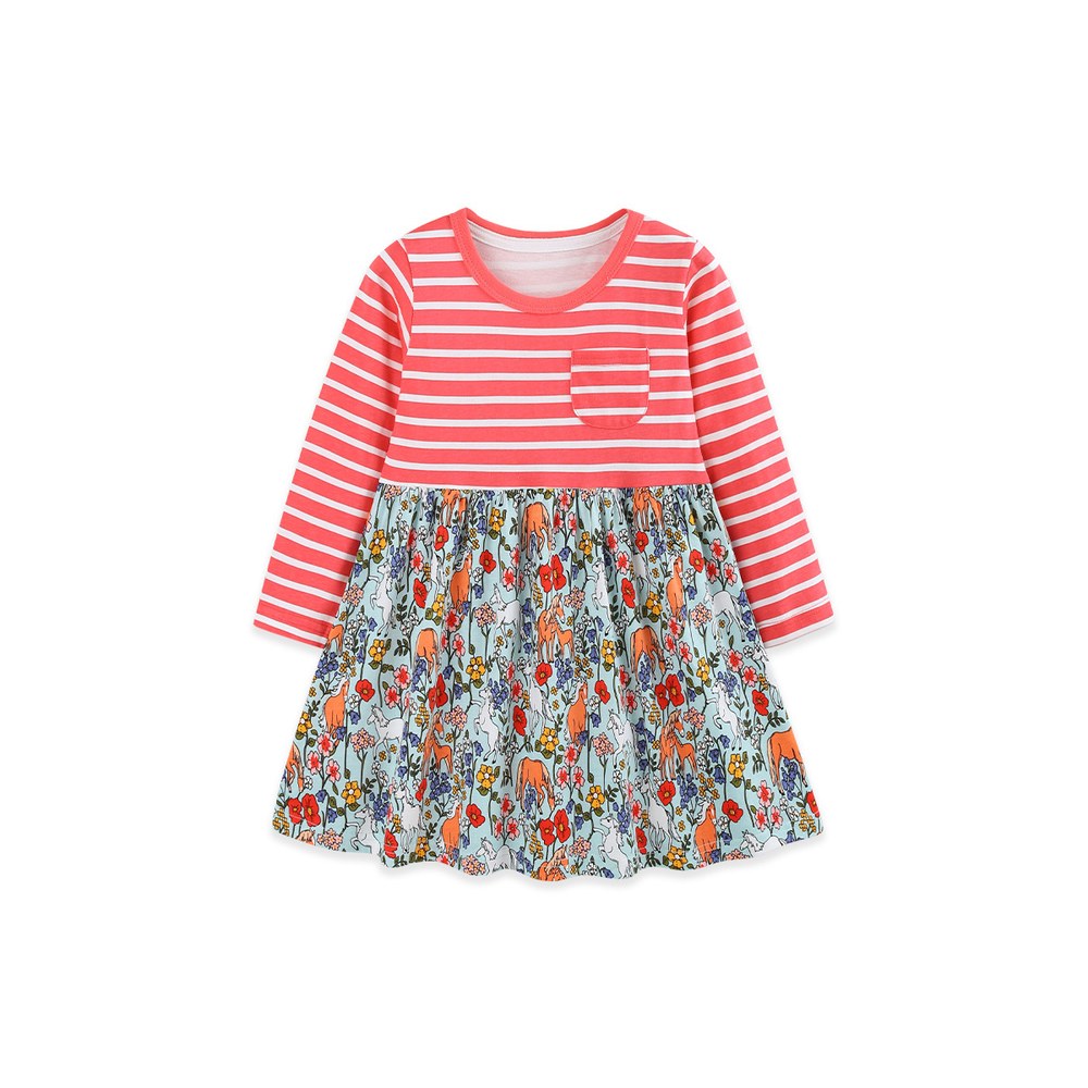 Baby Kids Girls Long Sleeves Floral and Striped Dress