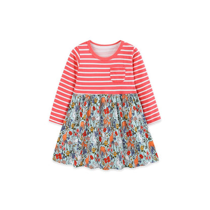 Baby Kids Girls Long Sleeves Floral and Striped Dress