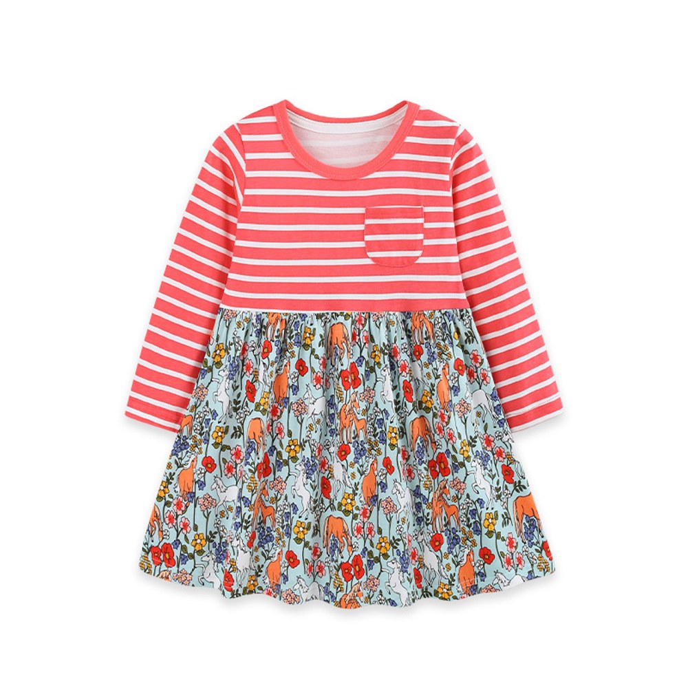 Baby Kids Girls Long Sleeves Floral and Striped Dress