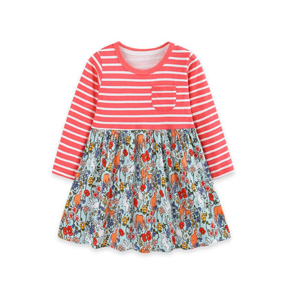 Baby Kids Girls Long Sleeves Floral and Striped Dress