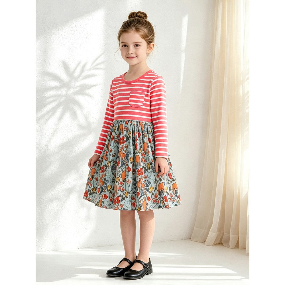 Baby Kids Girls Long Sleeves Floral and Striped Dress