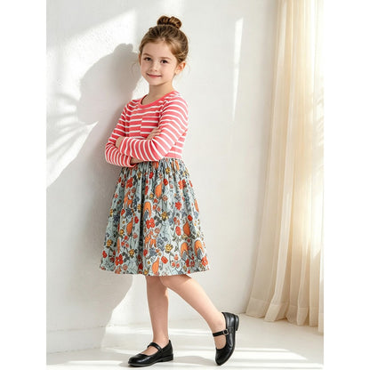Baby Kids Girls Long Sleeves Floral and Striped Dress