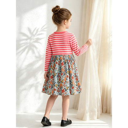 Baby Kids Girls Long Sleeves Floral and Striped Dress
