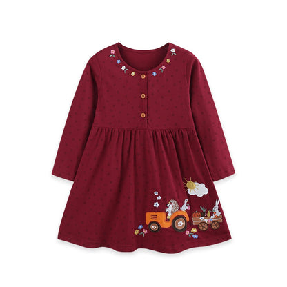 Baby Kids Girls Long Sleeves Floral and Cartoon Dress