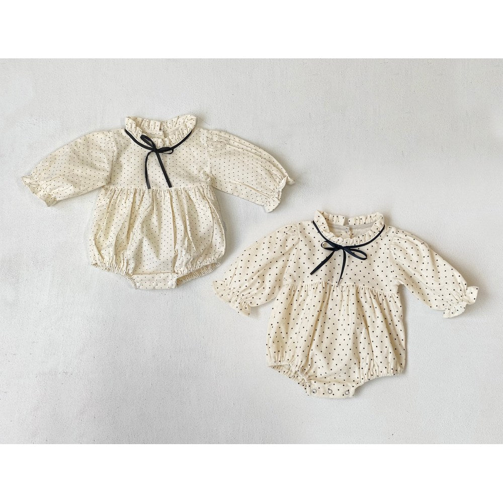 Baby Girls Long Sleeves Vintage Dots Pattern Bloom Collar Bodysuit